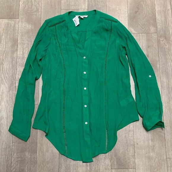 Womens NWT Zac & Rachel Button Down Kelly Green V-Neck‎ Casual Work Dress Shirt - Picture 1 of 7